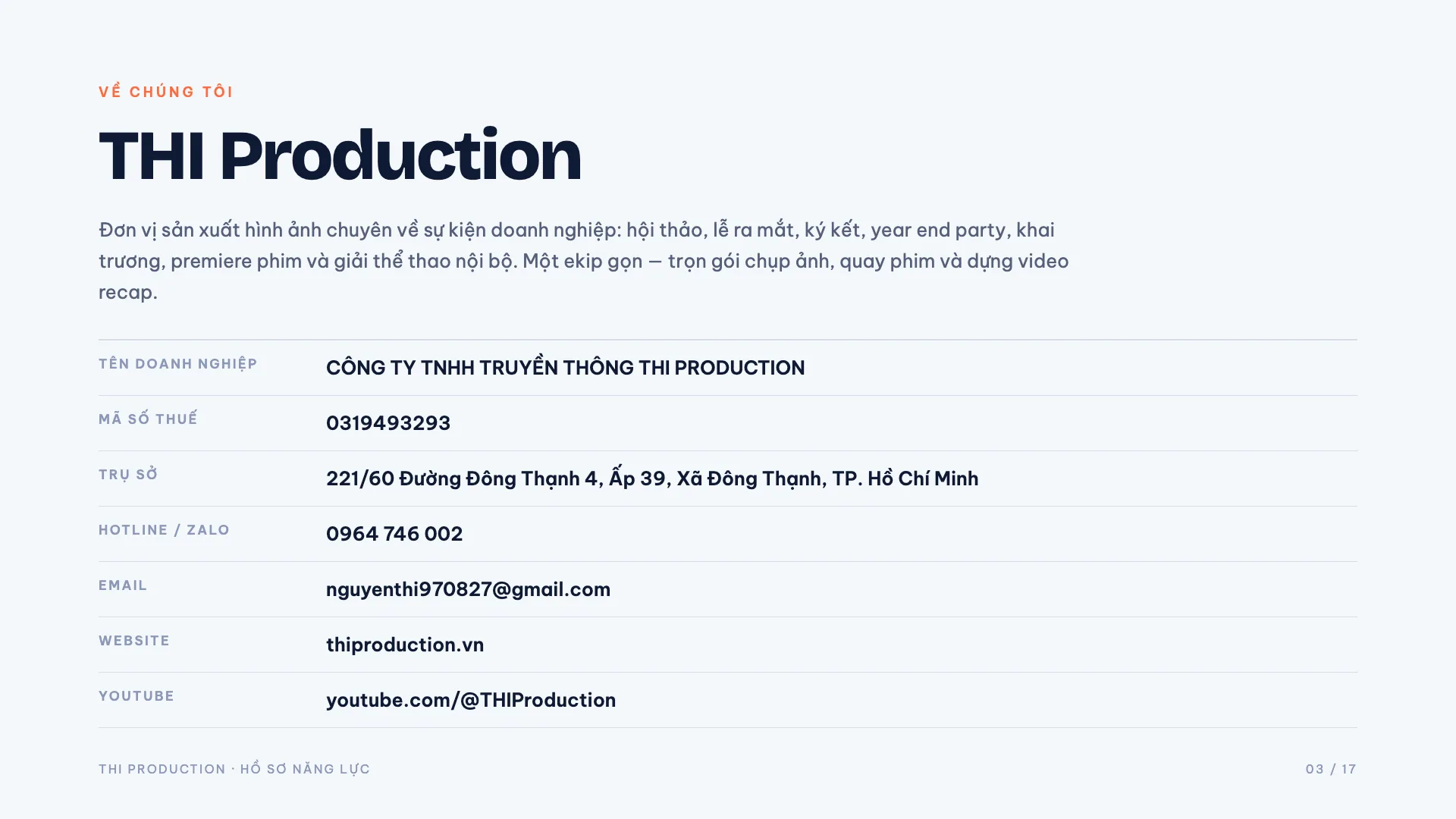 Hồ sơ năng lực THI Production 2026 – trang 3: Giới thiệu & thông tin pháp nhân