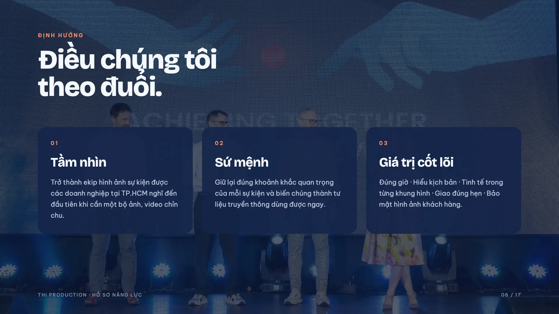 Hồ sơ năng lực THI Production 2026 – trang 6: Tầm nhìn · Sứ mệnh · Giá trị cốt lõi