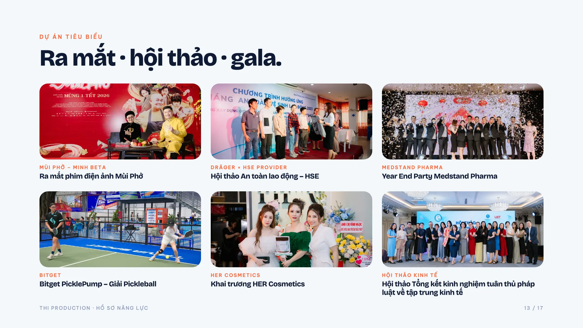 Hồ sơ năng lực THI Production 2026 – trang 13: Dự án tiêu biểu – ra mắt, hội thảo, gala